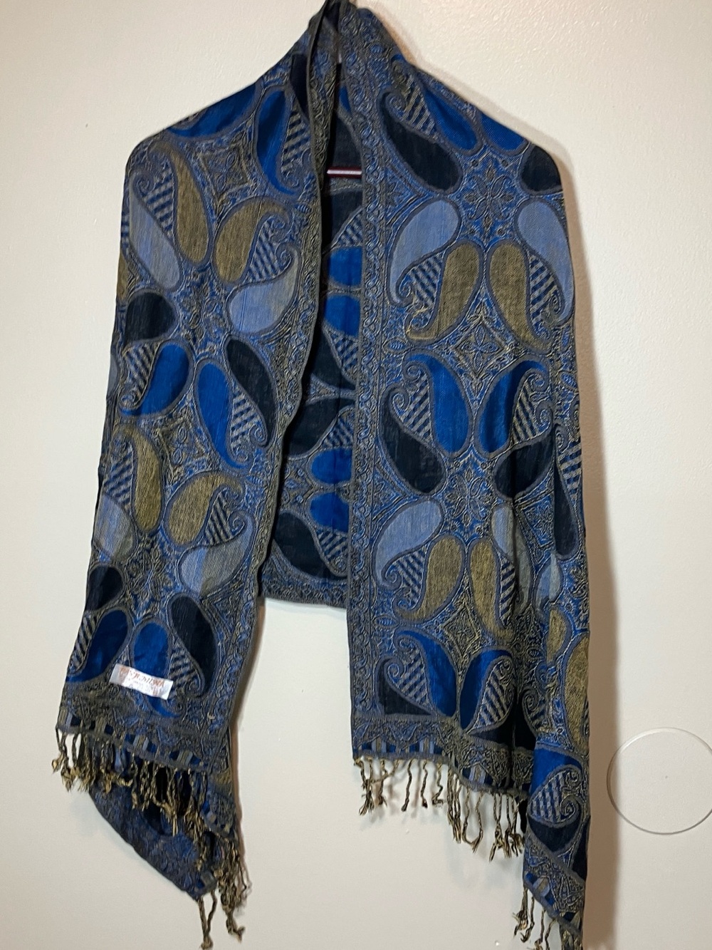 pashmina Blue & Black Paisley Embroidered Fringe Scarf. 65x27